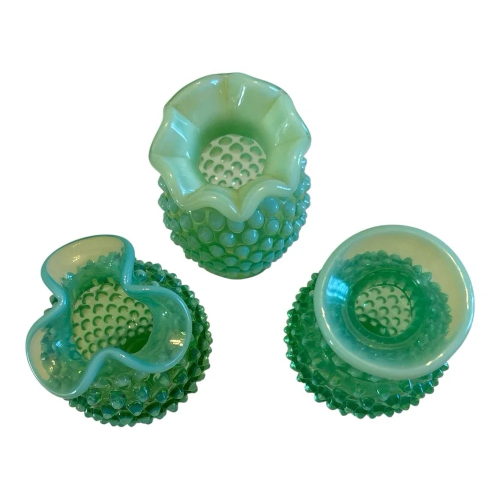 Vintage Fenton Hobnail Vaseline Uranium Glass Bud Vase Set of 3 Green Glow #07
